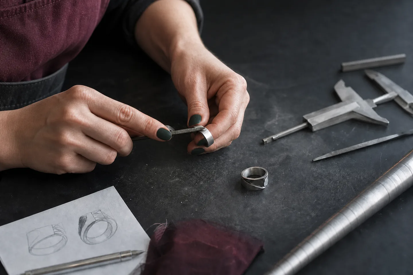 Woman craftsman filing a ring beside calipers, a mandrel and design sketches