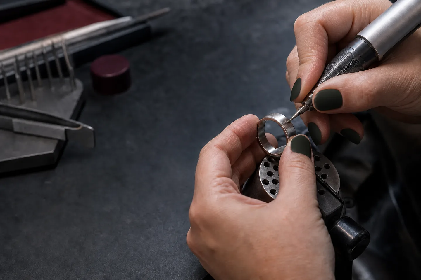 Woman ring craftsman engraving the inner surface of a metal ring