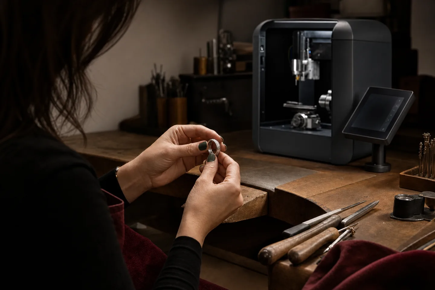 Woman ring craftsperson inspecting a finished ring with a compact CNC jewelry engraving station in the background