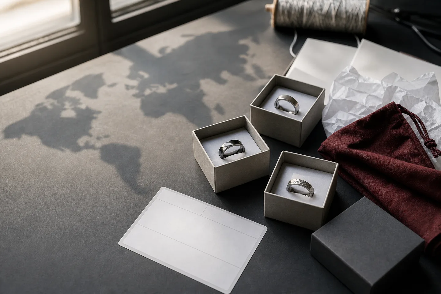 Fictional contemporary rings packed in simple boxes beside a world map shadow